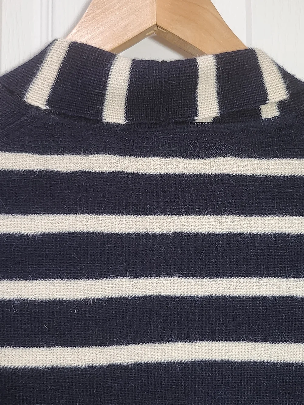 J.Crew 100% Baby Alpaca Wool Striped Shawl Collar Cardigan Sweater Navy Cream S